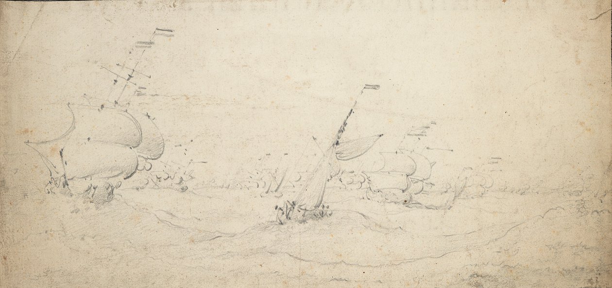 Nizozemská zadní eskadra plující na návětrnou stranu na rozbouřeném moři, asi 1672 (grafit) od Willem van de the Elder Velde