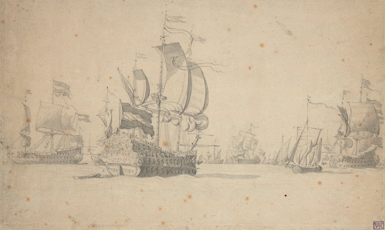 Nizozemská eskadra v bitevní linii, květen 1672, asi 1672 (tužka, wash) od Willem van de the Elder Velde