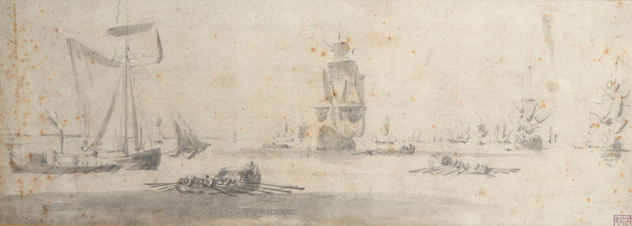 Galliot v lehkém vzduchu a několik bárek, kolem roku 1681 (grafit, šedý wash) od Willem van de the Elder Velde