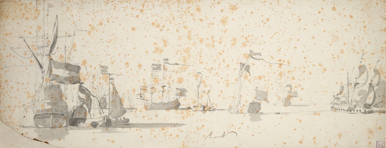 Státní jachta a holandské lodě na kotvách, asi 1664 (grafit, šedá barva) od Willem van de the Elder Velde