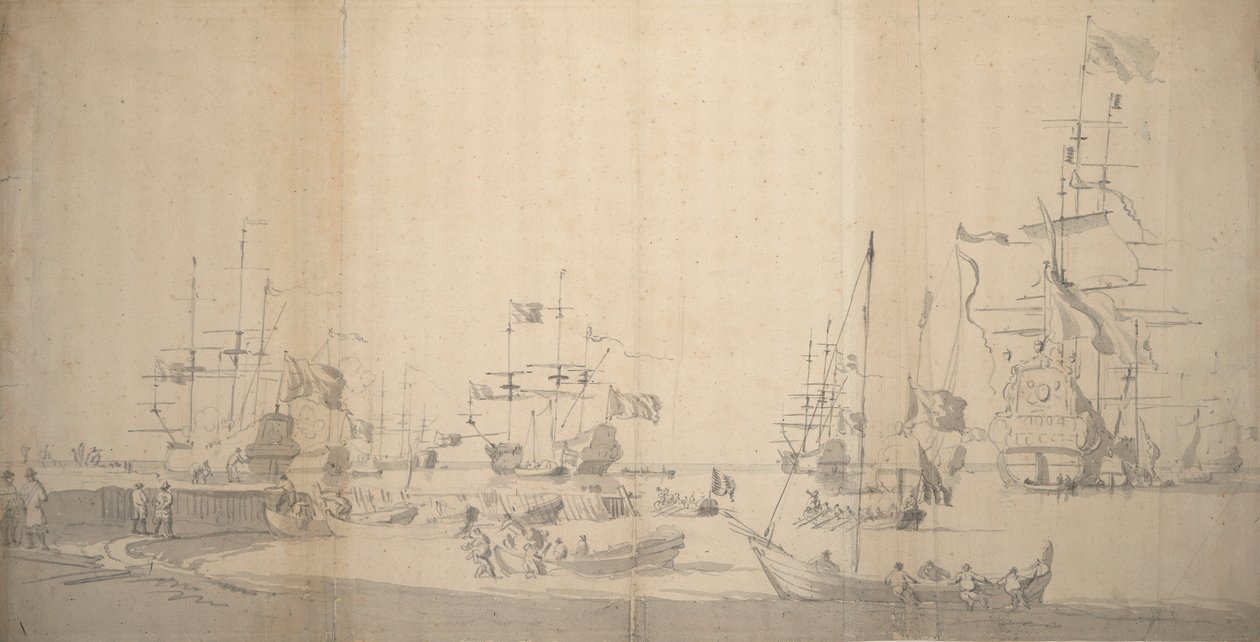 Weyschuit vytahovaný na břeh v přeplněném přístavu, asi 1672 (grafit) od Willem van de the Elder Velde
