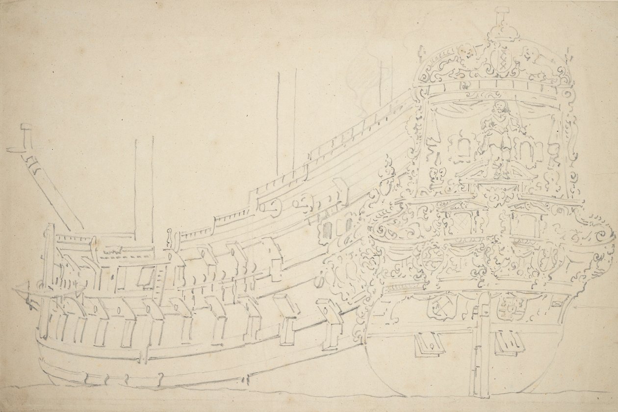 Amsterdamská loď, pravděpodobně indická, s asi 50 děly, asi 1670 (grafit) od Willem van de the Elder Velde