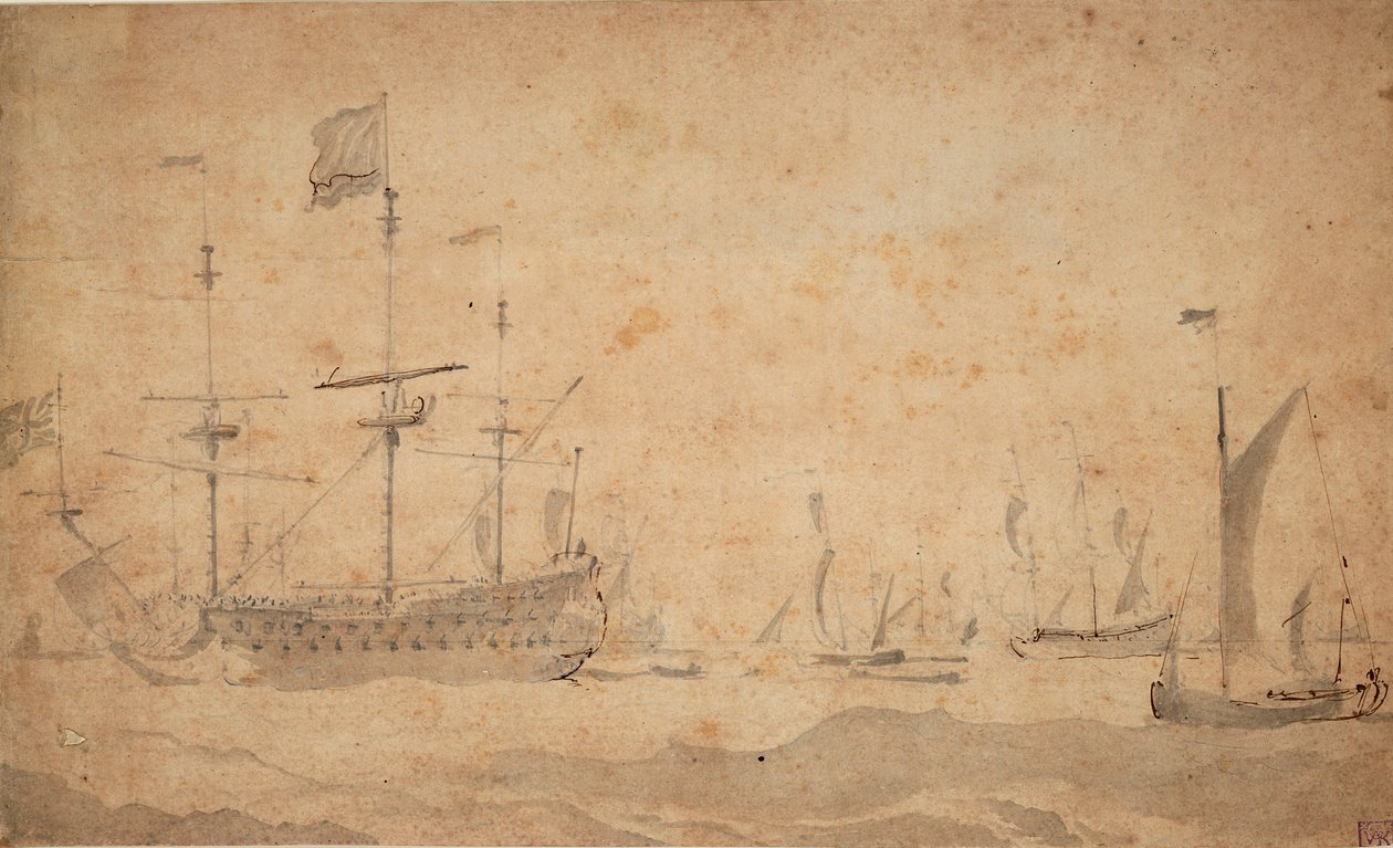 Anglická vlajková loď na kotvě, pravděpodobně červen 1673, asi 1673 (šedá barva) od Willem van de the Elder Velde