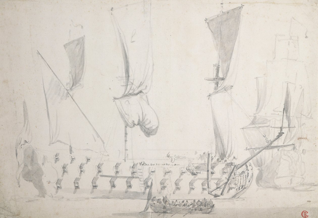Anglická čtvrtá třída v lehkém vzduchu, asi 1681 (grafit, šedá barva) od Willem van de the Elder Velde