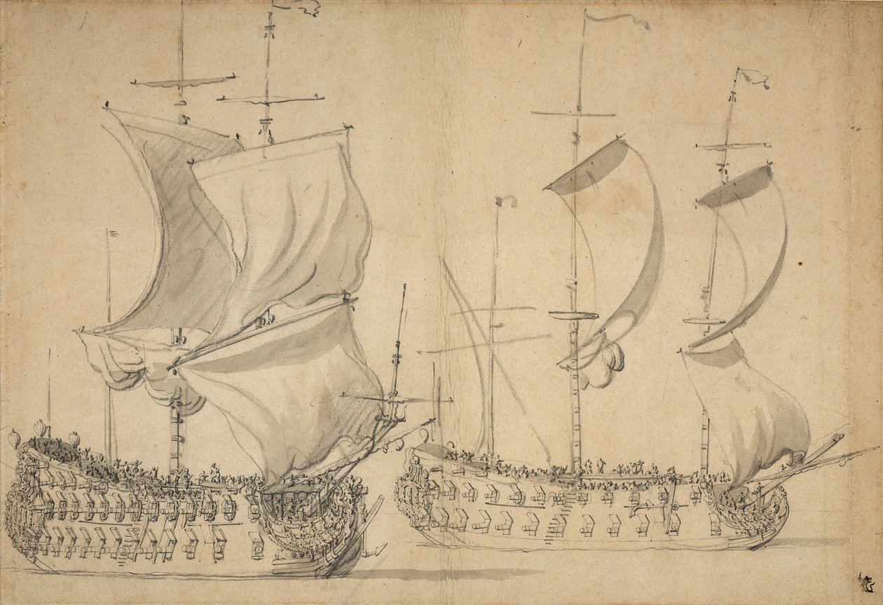Anglická třetí a čtvrtá třída pod lehkou plachtou, asi 1677 (tužka, wash) od Willem van de the Elder Velde