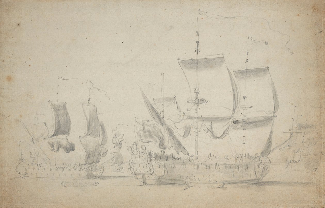 Anglický dvoupodlažník pod lehkými plachtami, asi 1675 (tužka, wash) od Willem van de the Elder Velde