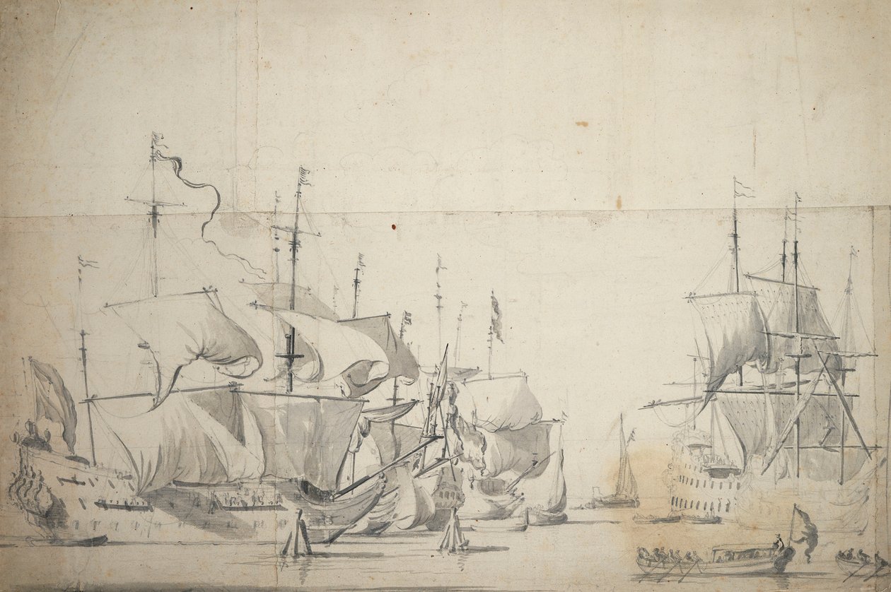Holandské bojové lodě sušící plachty, asi 1658 (grafit, šedá barva) od Willem van de the Elder Velde