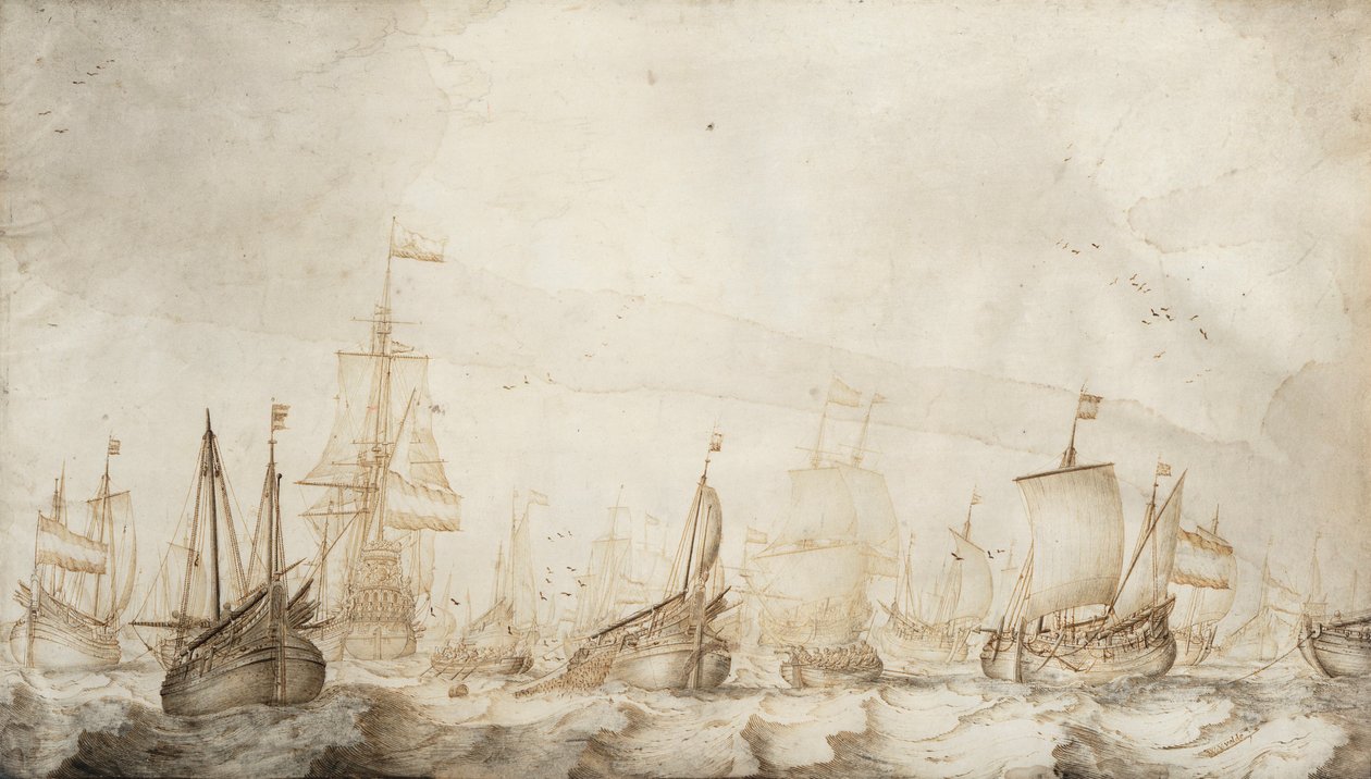 Nizozemská plavidla lovící sledě obecného v Severním moři. Kresba tuší a lavírováním (27,4 × 47,6 cm), William van de Velde starší (asi 1611-1693), kolem roku 1650. od Willem van de the Elder Velde