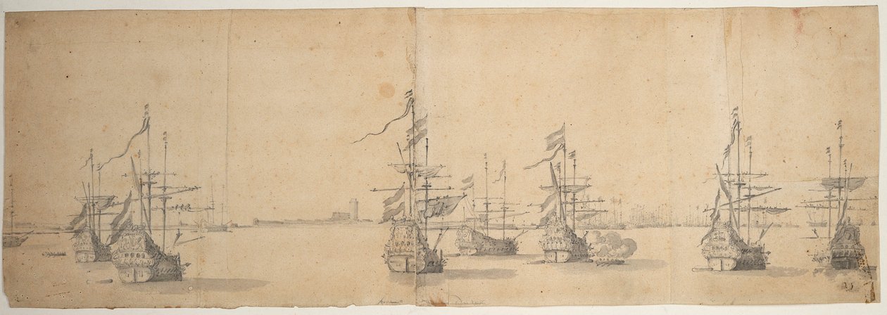 Nizozemské lodě kotvící u nízkého břehu, asi 1658 (grafit, šedá barva) od Willem van de the Elder Velde