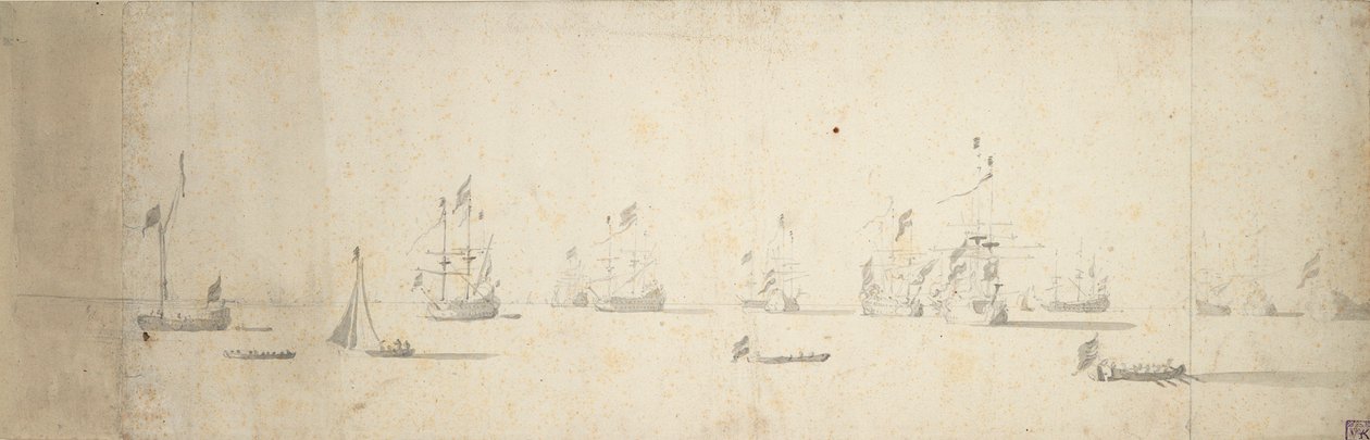 Nizozemské lodě kotvící u pevniny, asi 1664 (grafit, šedá barva) od Willem van de the Elder Velde