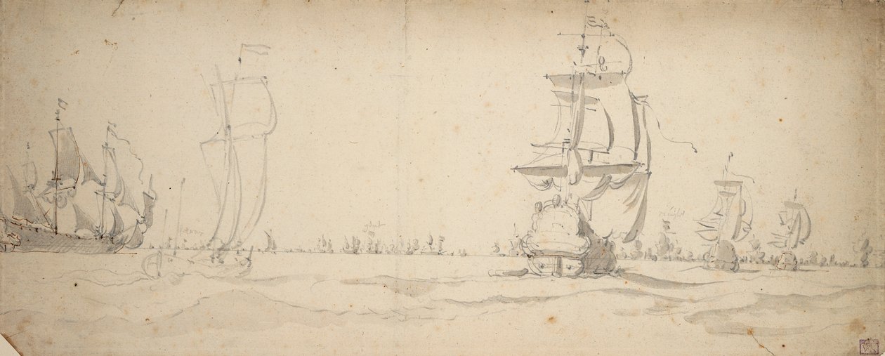 Nizozemské lodě se blíží k hlavní flotile, May 1672, asi 1672 (grafit, šedá barva) od Willem van de the Elder Velde