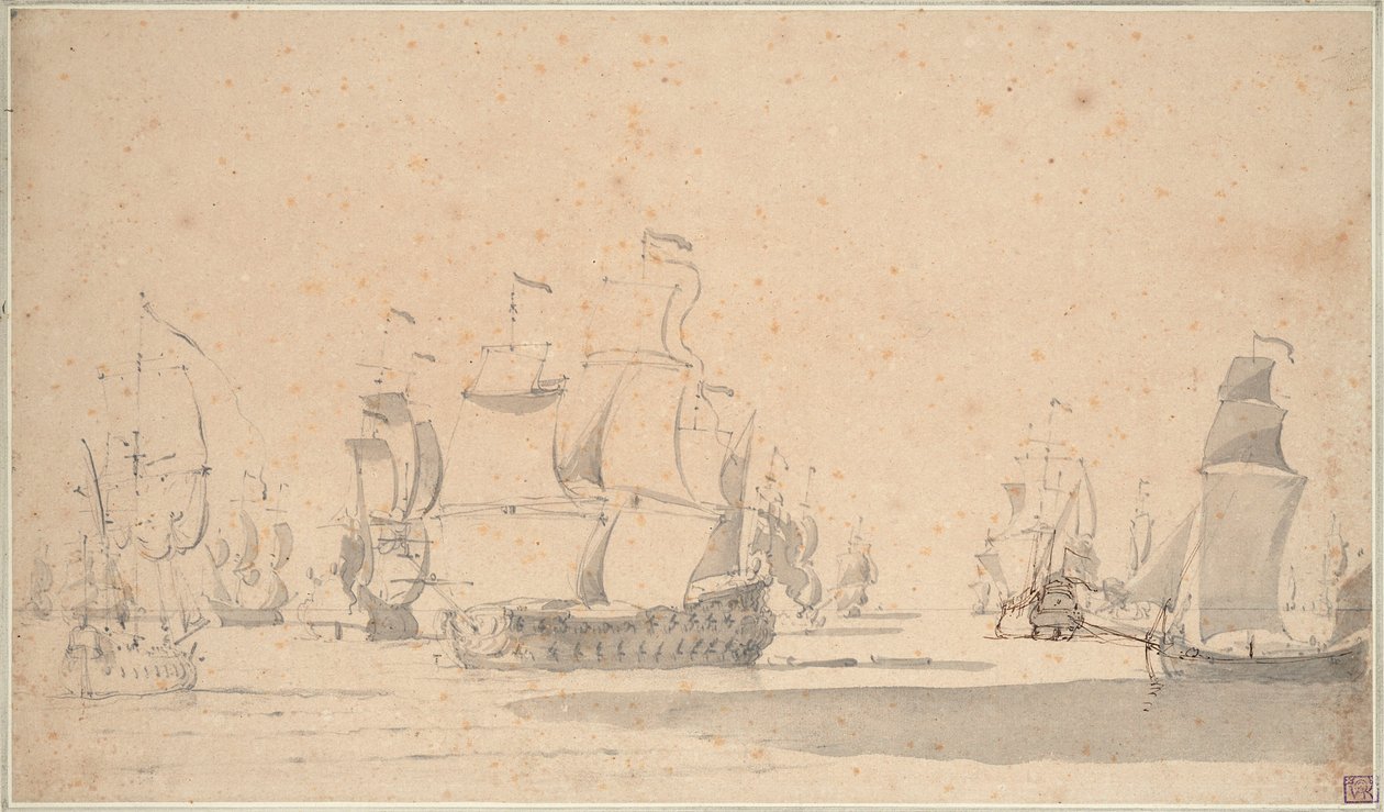 Anglické lodě, keč a galliot v mírném větru, červen 1673, asi 1673 (tužka, wash, pero, hnědá tuš) od Willem van de the Elder Velde