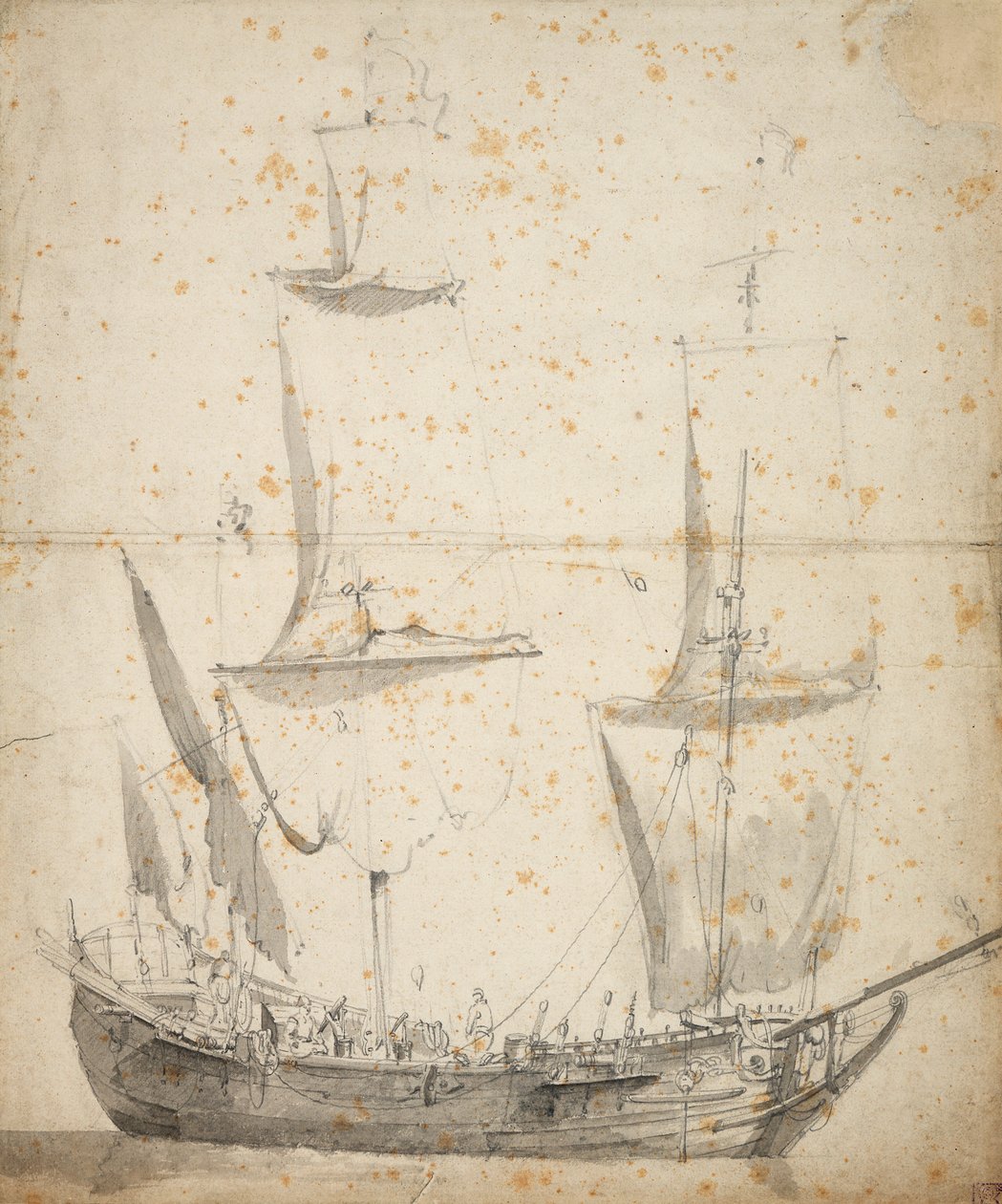 Portrét malé holandské obchodní lodi, asi 1665 (grafit, šedá barva) od Willem van de the Elder Velde