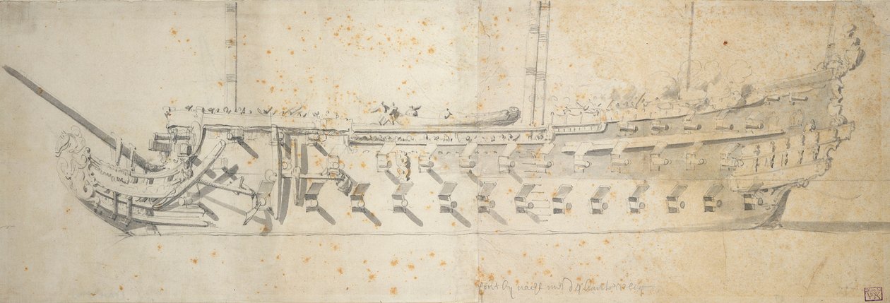Portrét lodi "Royal Thérèse" (), 70 až 80 děl, postavené jako "Paris" v roce 1670, přejmenované v roce 1671 a odsouzené v roce 1690. od Willem van de the Elder Velde