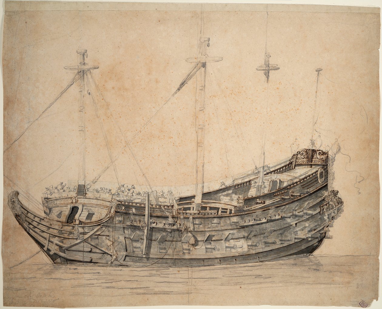 Portrét "Vrijheid", 50dělové lodi amsterdamské admirality, postavené v roce 1651 a vyhozené do povětří v roce 1676, asi 1653 (grafit, šedá barva, hnědé pero, tuš) od Willem van de the Elder Velde