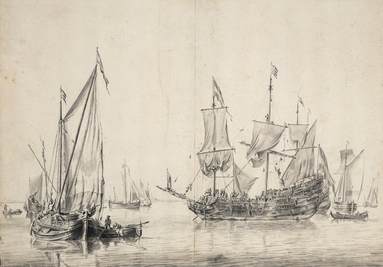 Plachetnice a holandská fregata sušící plachty. Kresba a wash (26x37 cm), William van de Velde l