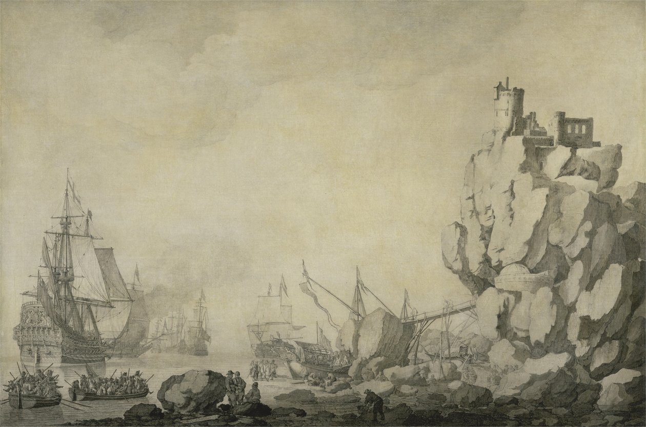 Lodě a milice u skalnatého pobřeží, cca 1680 (pero a inkoust na připraveném plátně) od Willem van de the Elder Velde