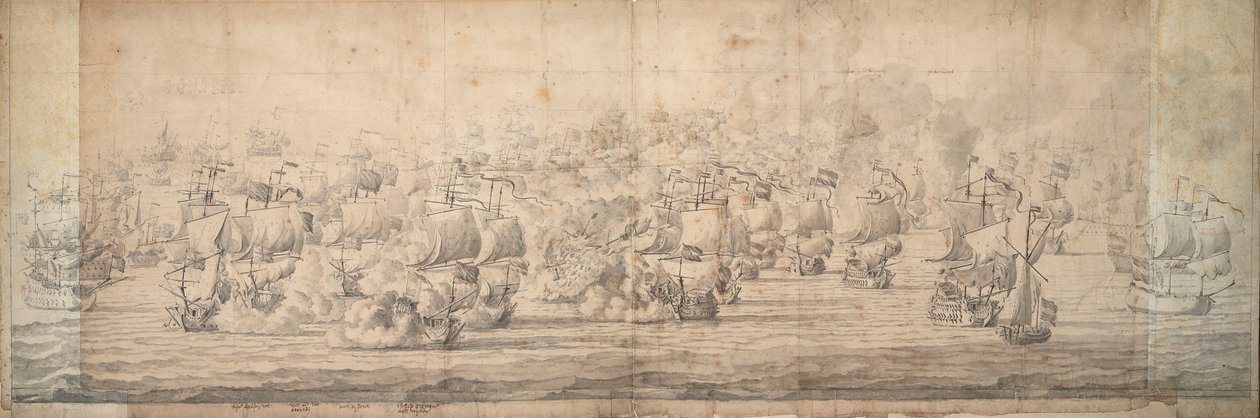 Bitva u Lowestoftu, 3.-13. června 1665, asi 1674 (grafit, tuš) od Willem van de the Elder Velde