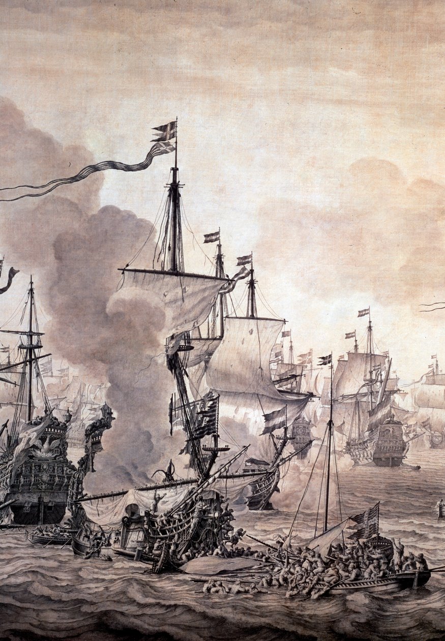 Bitva o Zvuk mezi nizozemským a švédským loďstvem, 8. listopadu 1658. Detail - olejomalba od Willem van de the Elder Velde