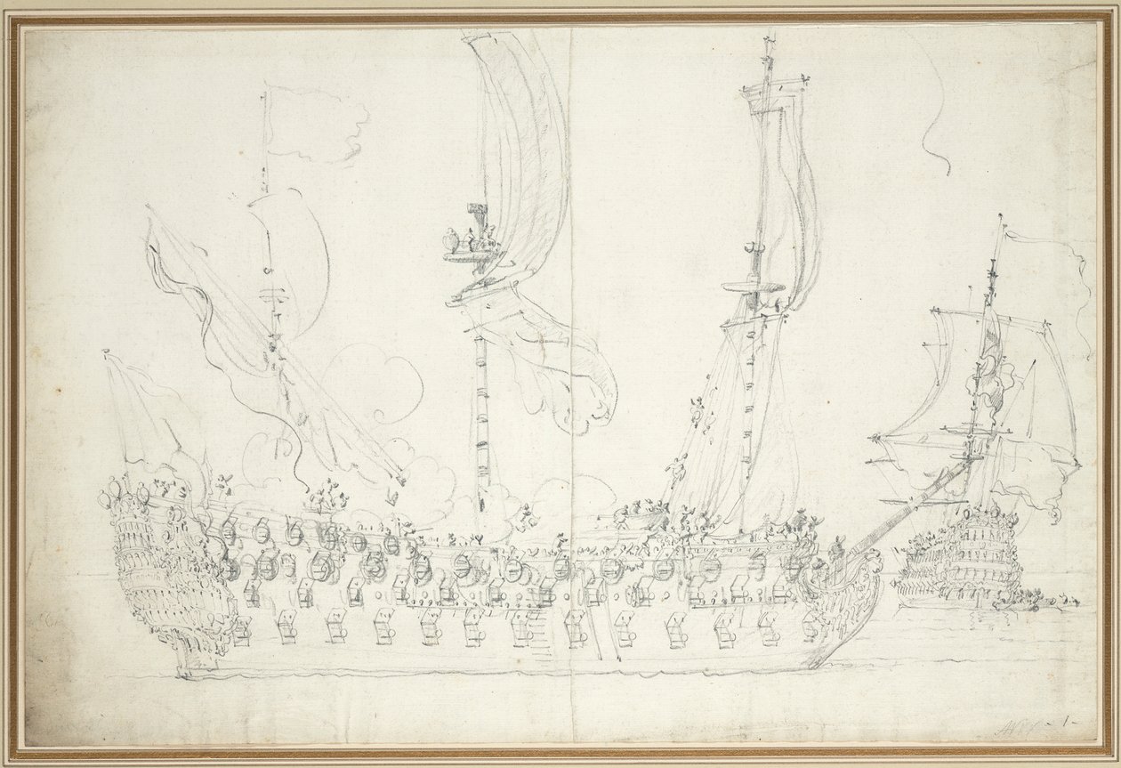 Vévodkyně před lehkým větrem, asi 1681 (grafit) od Willem van de the Elder Velde