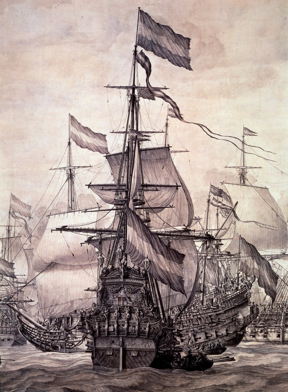Nizozemská flotila v roce 1672. Detail - olej na plátně od Willem van de the Elder Velde