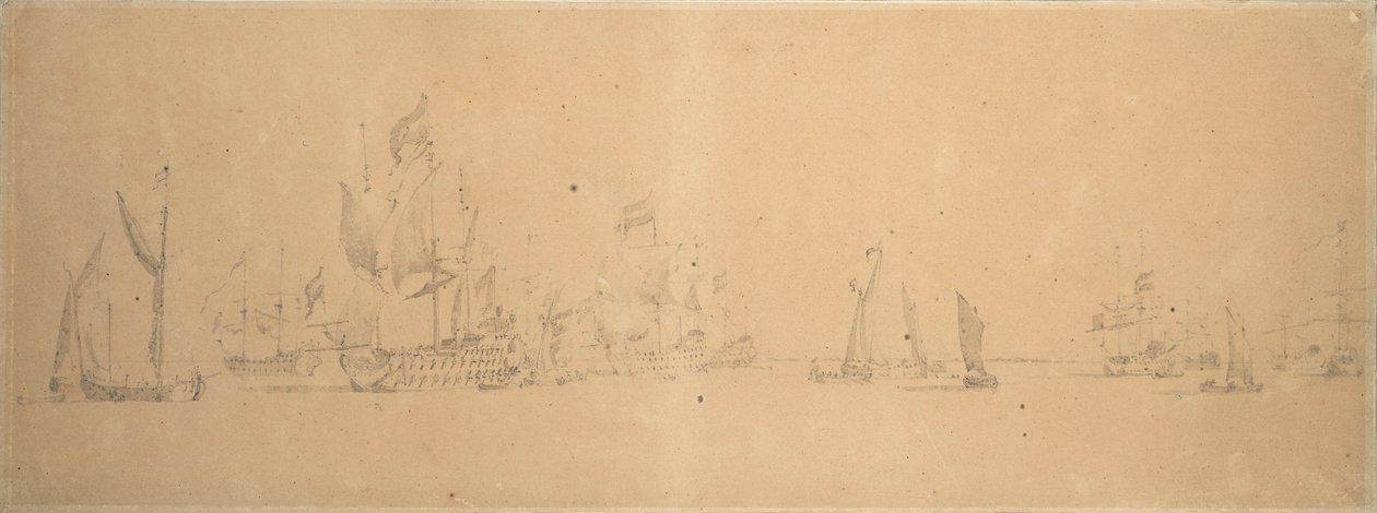 Nizozemská flotila v lehkém vzduchu, asi 1666 (grafit, šedá barva) od Willem van de the Elder Velde
