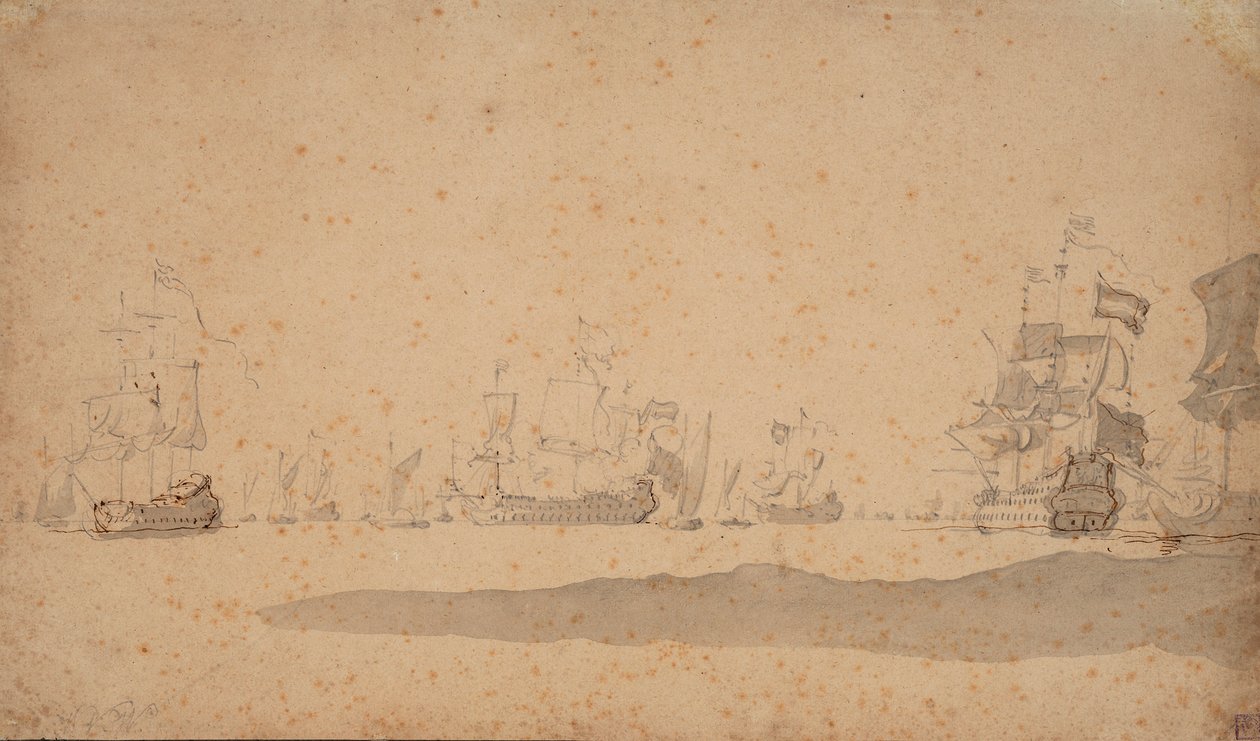 Ležící nizozemská flotila, pravděpodobně květen 1672, asi 1672 (grafit, šedá barva) od Willem van de the Elder Velde