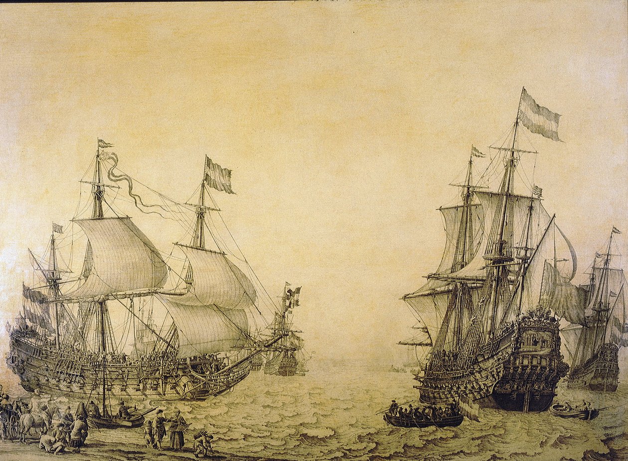 Nizozemská loď "Oosterwijk" opouštějící břeh je popsána ze dvou úhlů. Grisaille na dřevě od Willem van de the Elder Velde