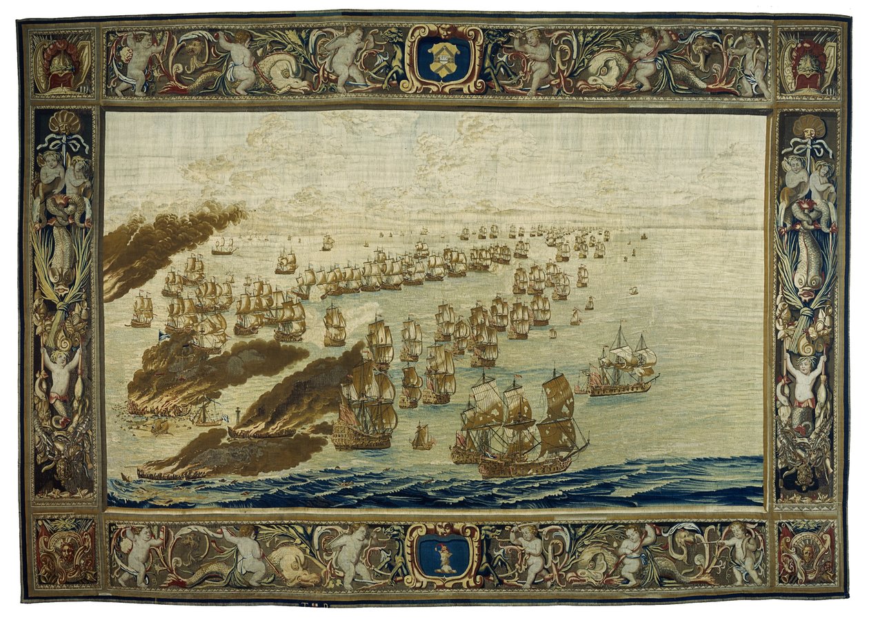Tapiserie Mortlake (Londýn, Anglie) zobrazuje požár lodi Royal James během bitvy u Solebay 28. května. od Willem van de the Elder Velde