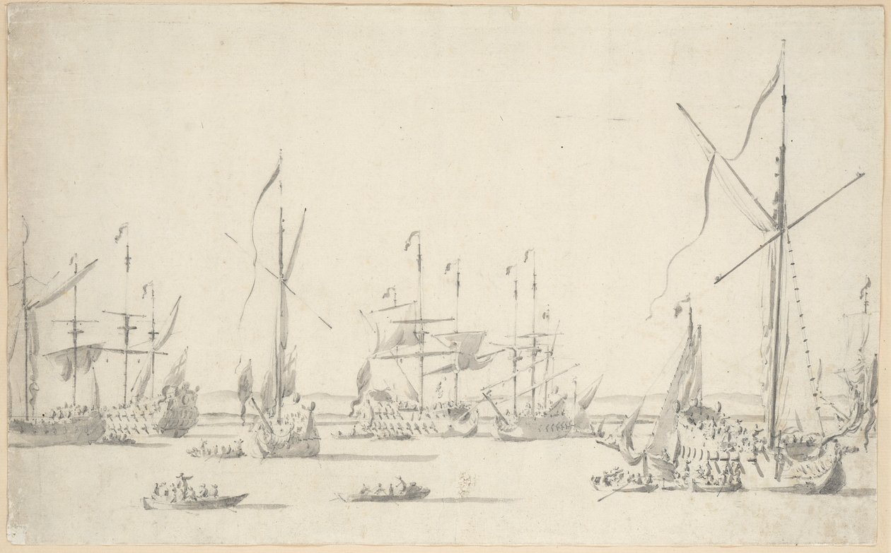 Jachty a lodě kotvící poblíž Sheernessu, asi 1677 (grafit, šedý wash) od Willem van de the Elder Velde