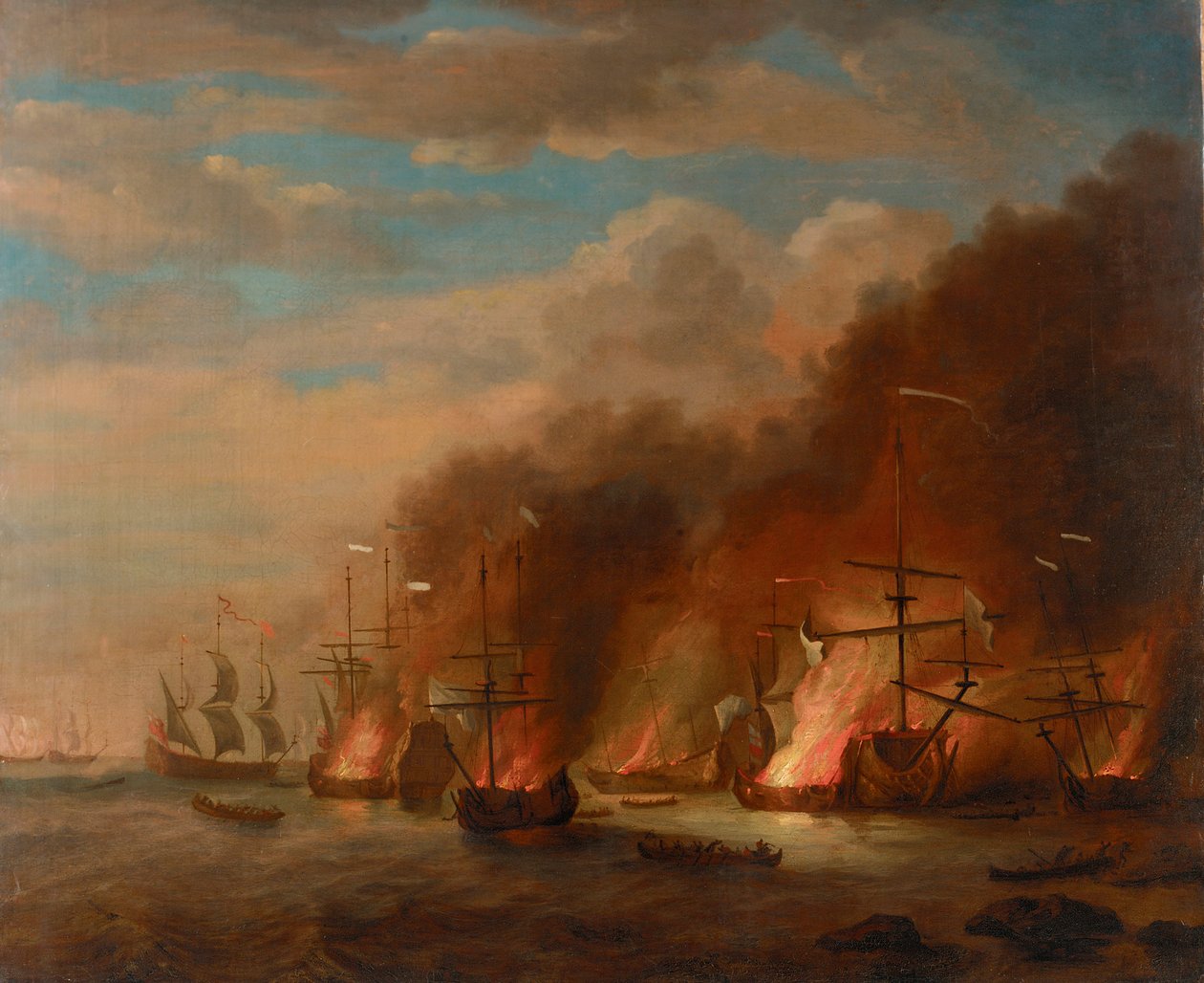 Spálení lodi Soleil Royal v bitvě u La Hogue, 23. května 1692, konec 17. století (olej na plátně) od Willem van de the Elder Velde