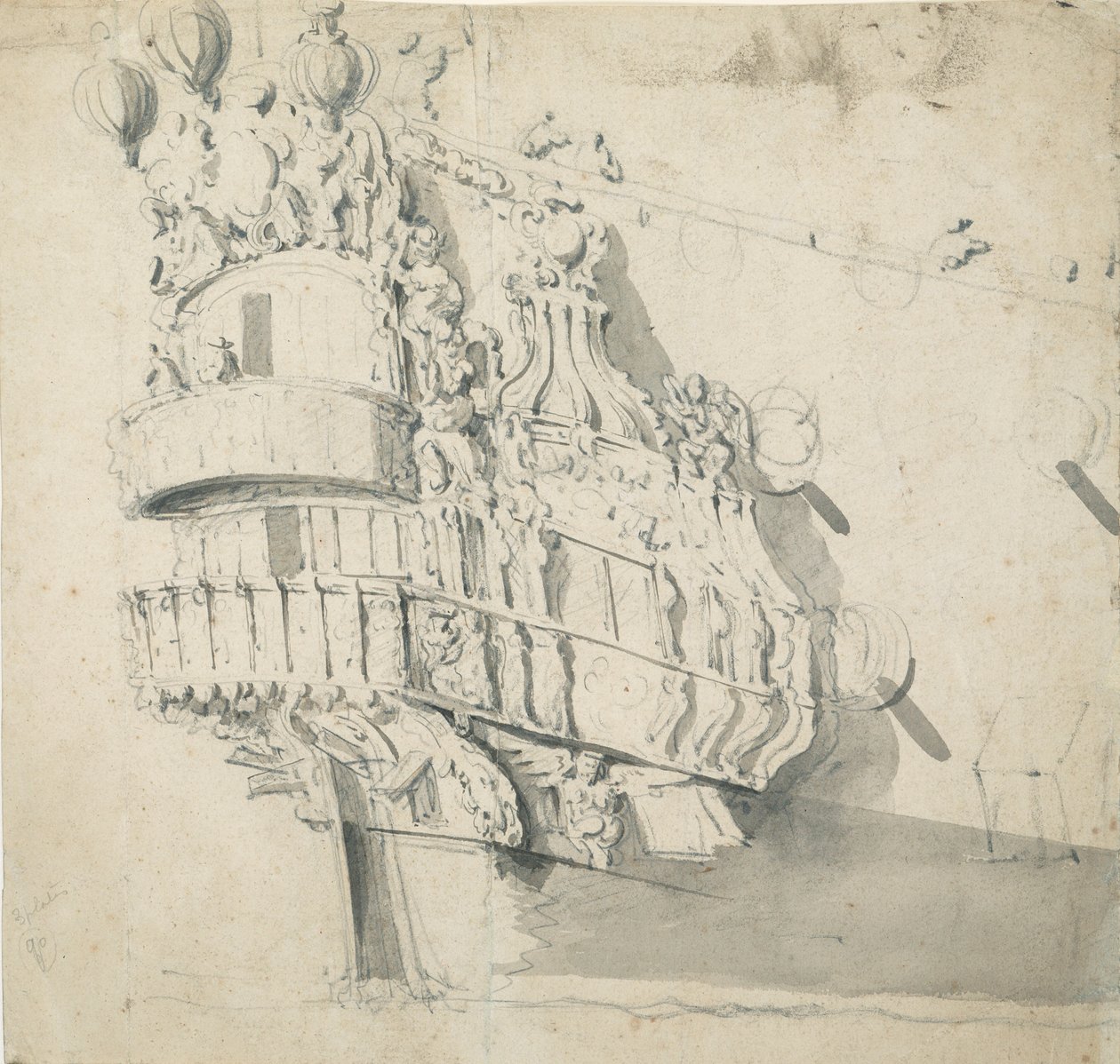 Záď lodi Hampton Court, asi 1685 (grafit, šedá barva) od Willem van de the Elder Velde