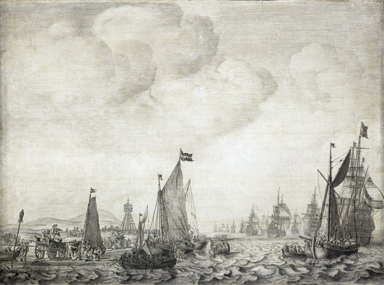Obchodní lodě do Orientu a jejich doprovod opouštějí Vlie (nebo Vliestroom), námořní trasu mezi ostrovy Vlieland a Treschelling (Holandsko), 9. června 1645. od Willem van de the Elder Velde