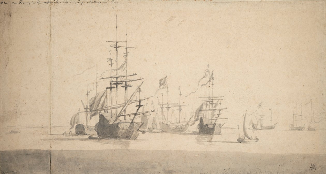 Tromp v "Oosterwijku" salutuje, asi 1664 (grafit, šedá barva) od Willem van de the Elder Velde