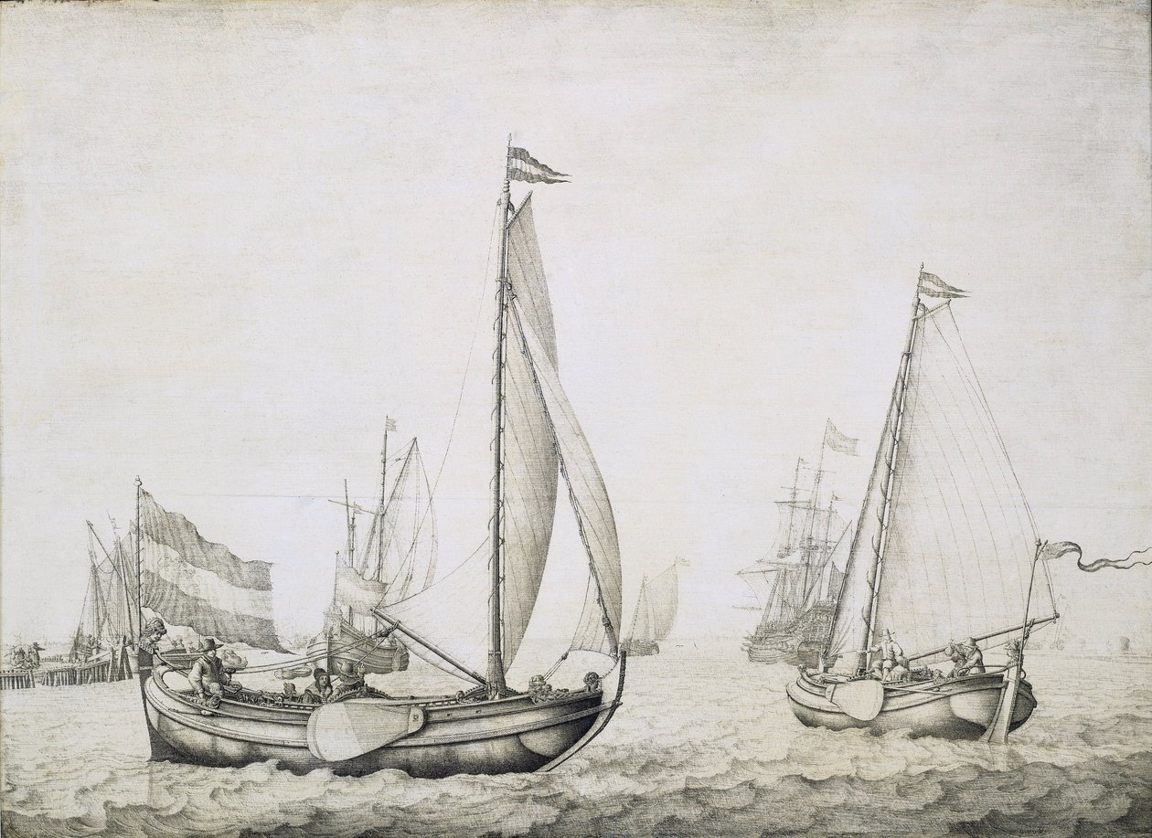 Dvě holandské lodě na začátku, pravděpodobně v přístavu Amsterdam (Holandsko). Grisaille na dřevě, kolem roku 1660, autor Willem van de Velde (1611-1693). od Willem van de the Elder Velde