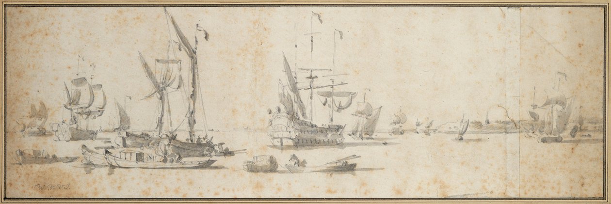 Dva dělníci a loď kotvící v přístavu, kolem roku 1681 (grafit, šedá barva) od Willem van de the Elder Velde