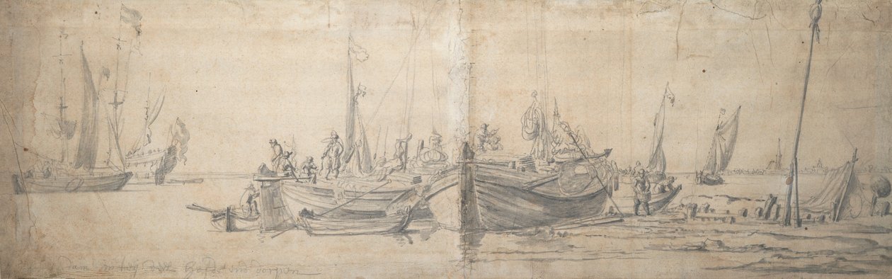 Dva kaagové na břehu na konci pevniny, asi 1643 (grafit, šedá barva) od Willem van de the Elder Velde