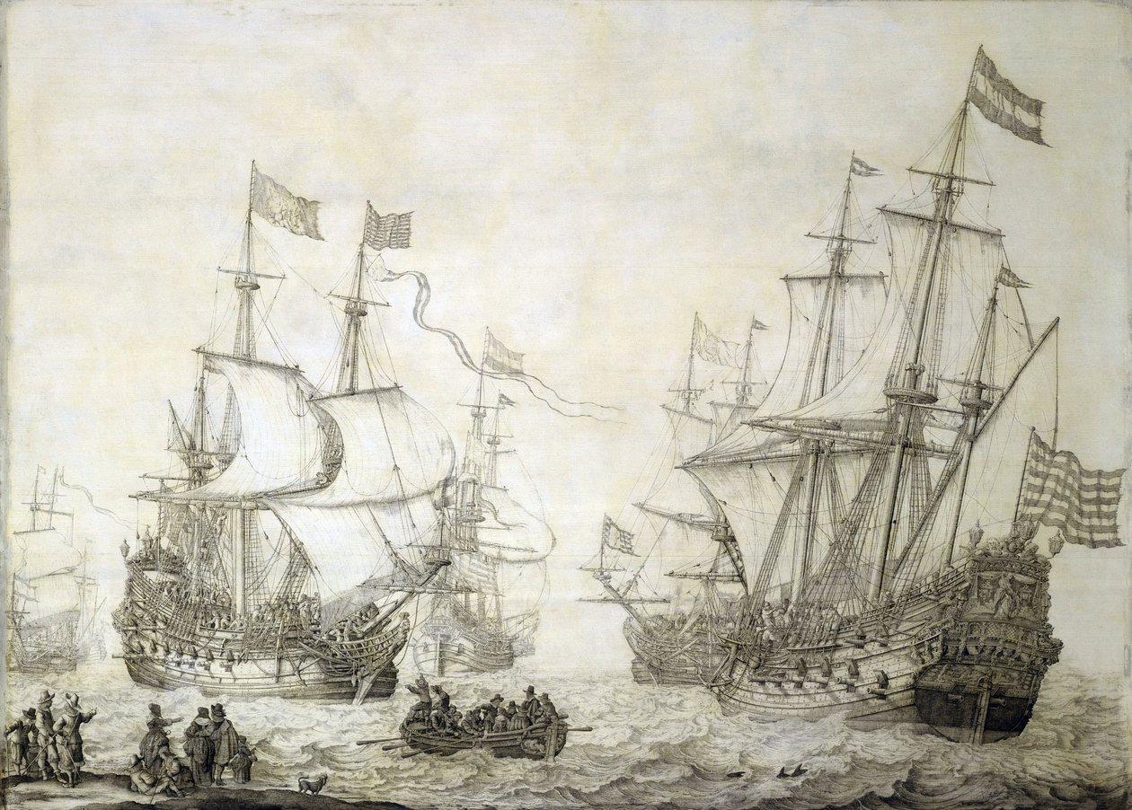 Dvě obchodní lodě Nizozemské východoindické společnosti opouštějí břeh za klidného větru. Grisaille na dřevě od Willem van de the Elder Velde