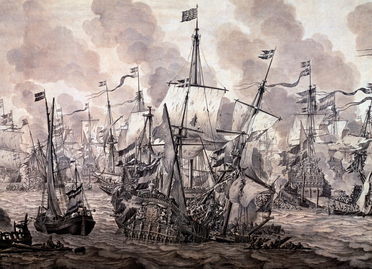 bitva o Sound mezi nizozemským a švédským loďstvem, 8. listopadu 1658. Detail - olejomalba od Willem van de the Elder Velde