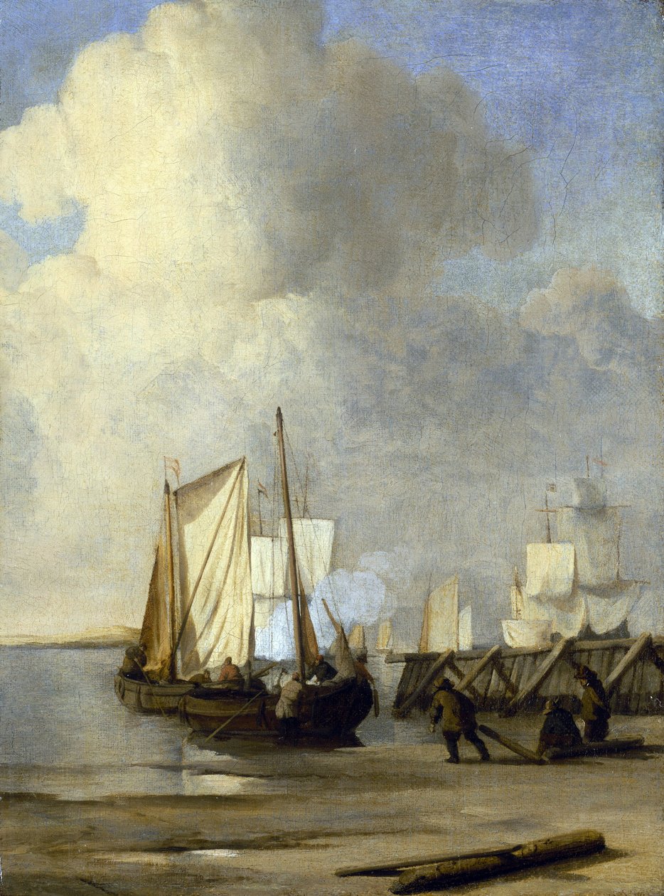 Kaag na břehu, holandský člun používaný k plavbě po vnitrozemských vodních cestách. Olej na plátně od Willem van de Velde the Younger