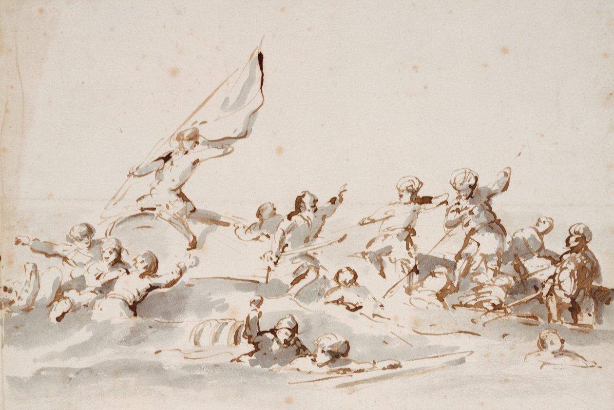 Boj na lodích, asi 1685 (pero, tuš) od Willem van de Velde the Younger