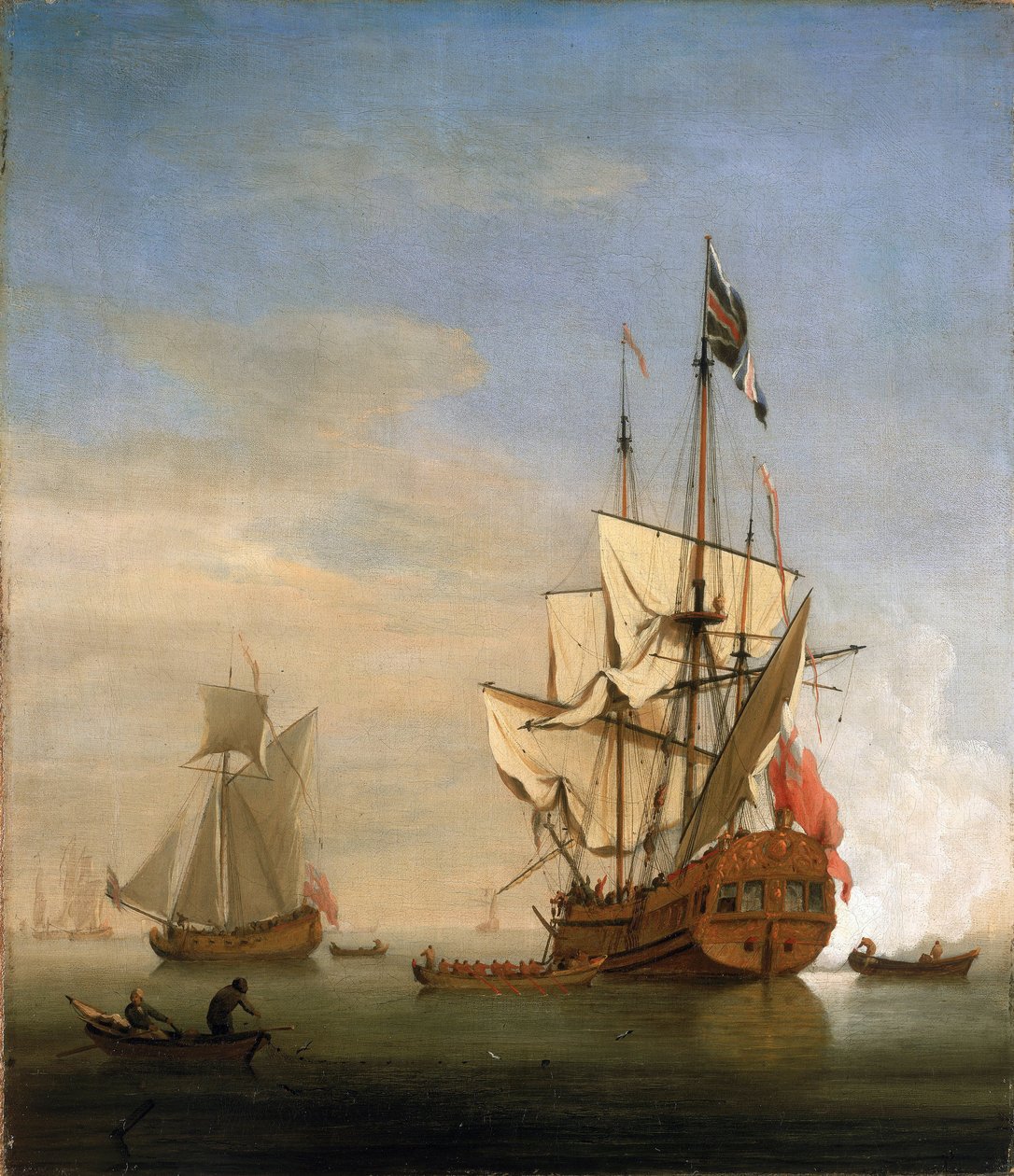 Sixth-rate (šestá sazba), malá britská válečná loď, střílející z děla na pozdrav. Olej na plátně od Willem van de Velde the Younger