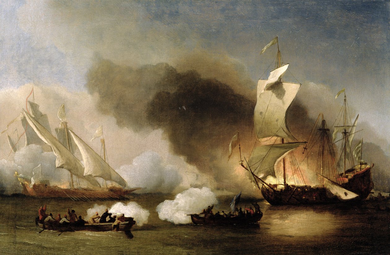 Akce u pobřeží Barbary s galejami a anglickými loděmi, kolem 1695 (olej na plátně) od Willem van de Velde the Younger