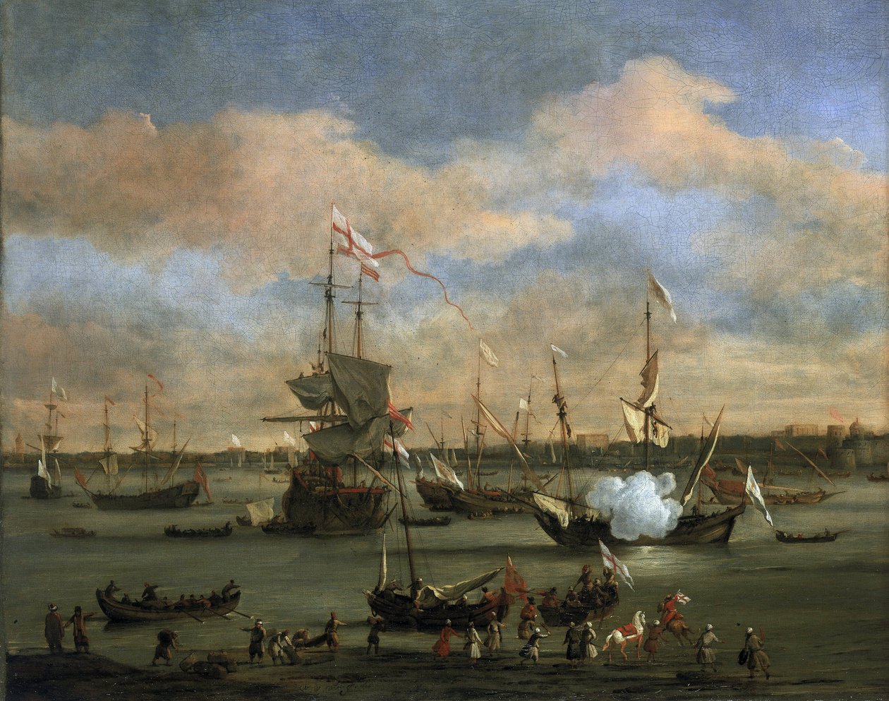 Britská obchodní loď v přístavu ve Středozemním moři. Olej na plátně od Willem van de Velde the Younger