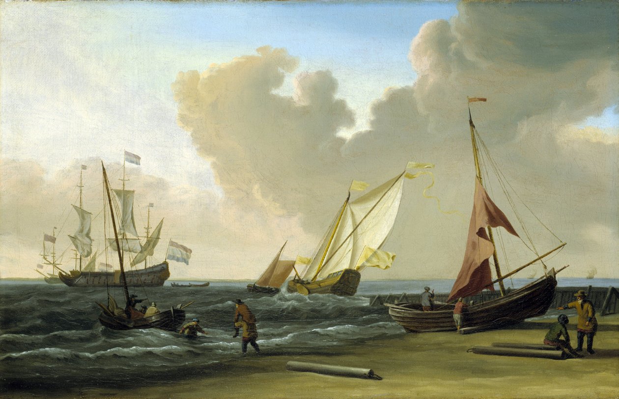 Rybářská loď táhne sítě na pláži ve větru na nizozemském pobřeží. Olej na plátně od Willem van de Velde the Younger