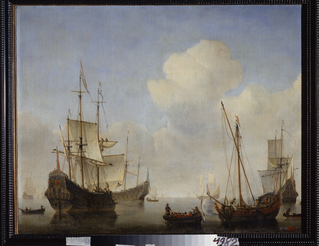 Nizozemská eskadra na západním pobřeží Afriky. Obraz Willema van de Velde mladšího (1633-1707). Olej na plátně, kolem 1660. Holandská škola, barokní umění. Státní muzeum pod širým nebem Peterhof, Saint Peters od Willem van de Velde the Younger