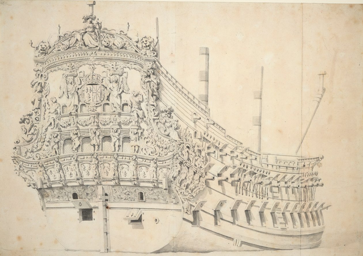Portrét francouzského dvoupatrového vozu. Postaveno v Holandsku 1666-1667, asi 1667 (grafit, šedá barva) od Willem van de Velde the Younger