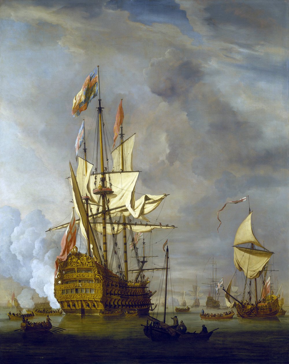 Loď HMS "Royal Sovereign" střílí z děla na uvítanou v přístavu, doprovázená královskou jachtou, za klidného počasí. Olej na plátně od Willem van de Velde the Younger