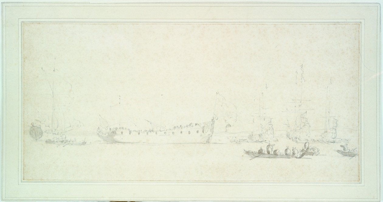 Spuštění anglické lodi, pravděpodobně "James Galley", asi 1676 (grafit a wash, šedá) od Willem van de Velde the Younger