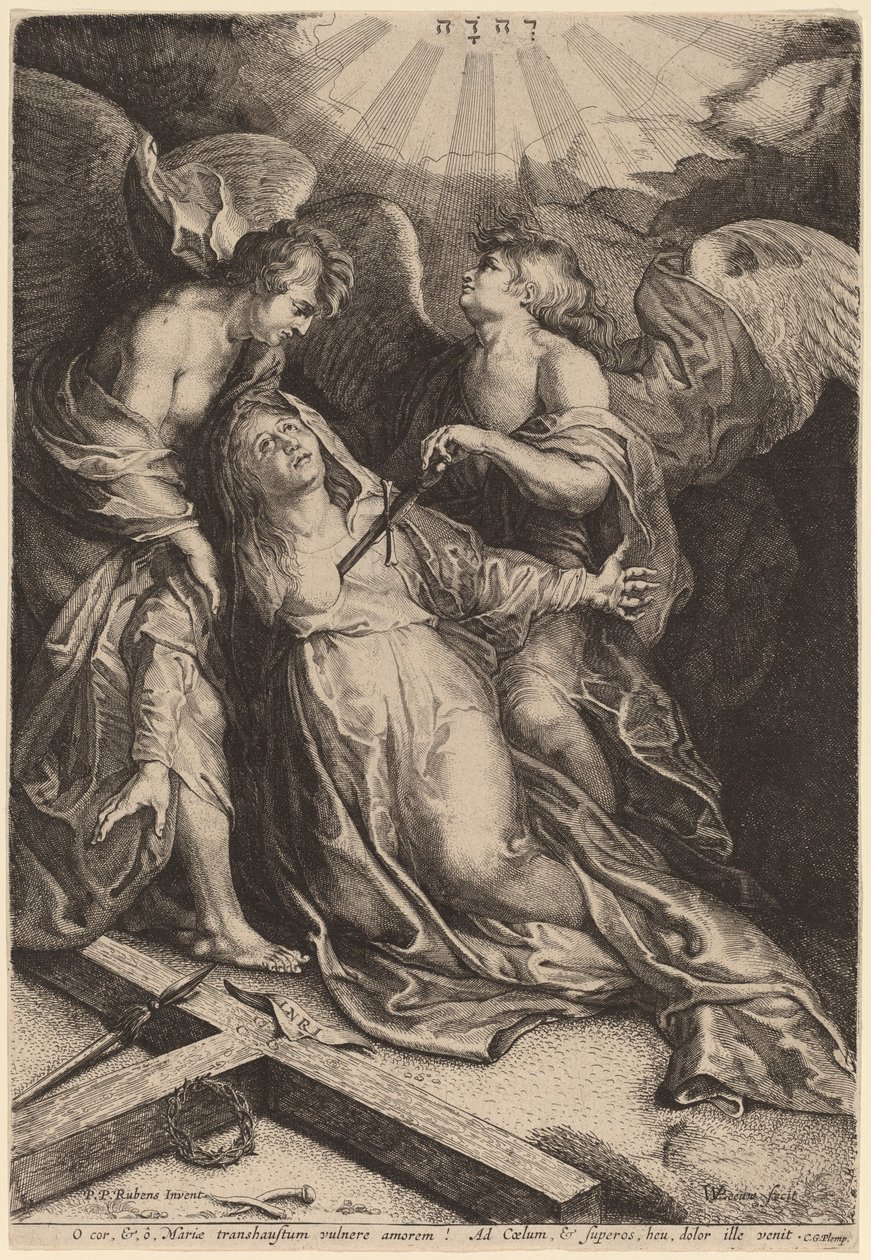 Mater Dolorosa klečící, podporovaná dvěma anděly od Willem van der Leeuw after Sir Peter Paul Rubens